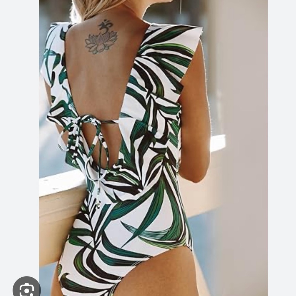 Green and White Print Swimsuit - Picture 2 of 3